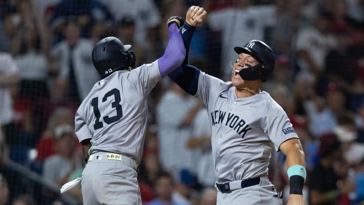 Jul 30, 2024; Philadelphia, Pennsylvania, USA; New York Yankees third base Jazz Chisholm Jr. (13) celebrates with outfielder Aaron Judge (99) after hitting a three RBI home run during the seventh inning against the Philadelphia Phillies at Citizens Bank Park. Mandatory Credit: Bill Streicher-USA TODAY Sports