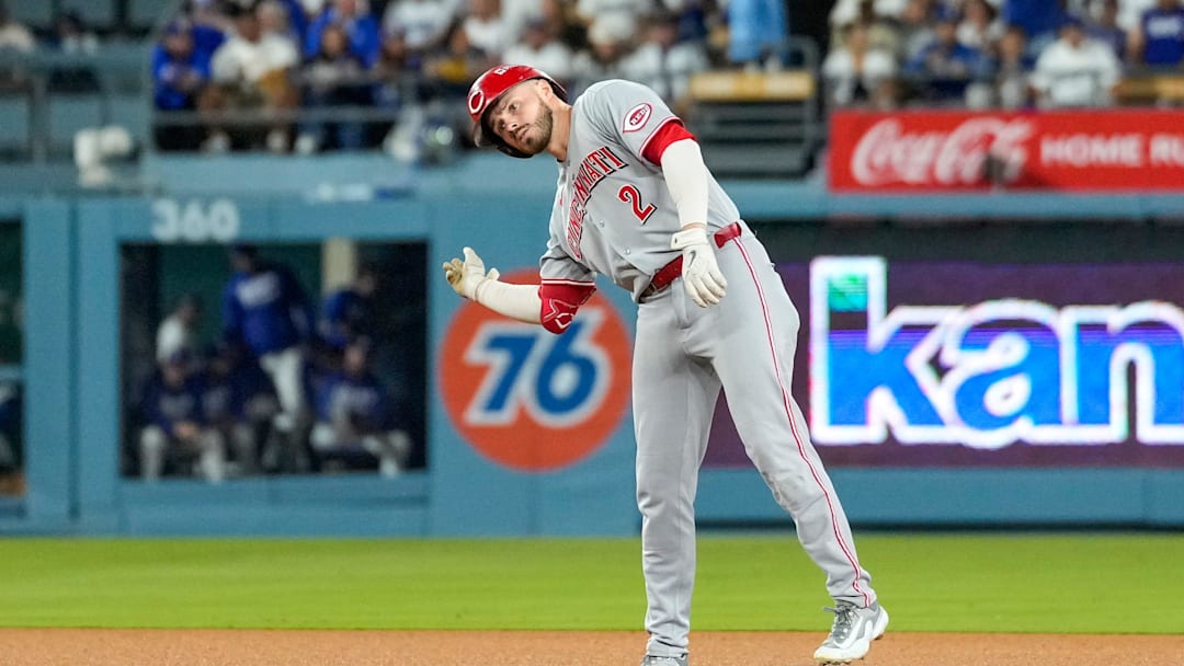 Cincinnati Reds designated hitter Gavin Lux (2) celebrates a double in the eighth inning of the MLB National League Wild Card Game 2 between the Los Angeles Dodgers and the Cincinnati Reds at Dodger Stadium in Los Angeles on Wednesday, Oct. 1, 2025. The Reds were eliminated from the postseason with an 8-4 loss to the reigning World Series Champions La Dodgers.