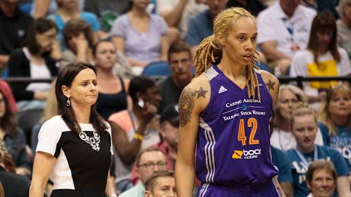 Jun 27, 2015; Minneapolis, MN, USA; Phoenix Mercury head coach Sandy Brondello and center Brittney Griner (42) in the first quarter against the Minnesota Lynx at Target Center. Mandatory Credit: Brad Rempel-Imagn Images Jun 27, 2015; Minneapolis, MN, USA; Phoenix Mercury head coach Sandy Brondello and center Brittney Griner (42) in the first quarter against the Minnesota Lynx at Target Center. Mandatory Credit: Brad Rempel-Imagn Images