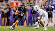 Sep 14, 2024; Fort Worth, Texas, USA; TCU Horned Frogs wide receiver Jack Bech (18) runs with the ball during the second quarter against the UCF Knights at Amon G. Carter Stadium. Mandatory Credit: Andrew Dieb-Imagn Images