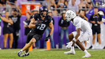Sep 14, 2024; Fort Worth, Texas, USA; TCU Horned Frogs wide receiver Jack Bech (18) runs with the ball during the second quarter against the UCF Knights at Amon G. Carter Stadium. Mandatory Credit: Andrew Dieb-Imagn Images