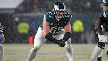 Jan 19, 2025; Philadelphia, Pennsylvania, USA; Philadelphia Eagles offensive tackle Lane Johnson (65) against the Los Angeles Rams in a 2025 NFC divisional round game at Lincoln Financial Field. Mandatory Credit: Eric Hartline-Imagn Images