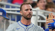 Jul 20, 2024; Miami, Florida, USA; New York Mets first baseman Pete Alonso (20) celebrates after scoring a run against the Miami Marlins in the fourth inning at loanDepot Park. Mandatory Credit: Jim Rassol-Imagn Images