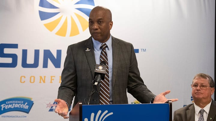 Keith Gill, the commissioner of the Sun Belt Conference, announces Pensacola will host the conference's Men's and Women's Basketball Championships staring in 2021 during a press conference on Tuesday, March 3, 2020. Keith Gill, the commissioner of the Sun Belt Conference, announces Pensacola will host the conference's Men's and Women's Basketball Championships staring in 2021 during a press conference on Tuesday, March 3, 2020.