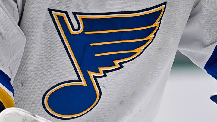 Dec 14, 2024; Dallas, Texas, USA; A view of the Blues logo on the jersey of St. Louis Blues goaltender Jordan Binnington (50) during the game between the Dallas Stars and the St. Louis Blues at American Airlines Center. Dec 14, 2024; Dallas, Texas, USA; A view of the Blues logo on the jersey of St. Louis Blues goaltender Jordan Binnington (50) during the game between the Dallas Stars and the St. Louis Blues at American Airlines Center.
