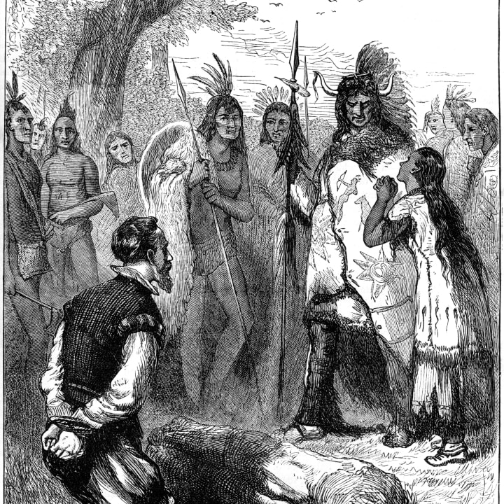 Pocahontas saves Captain Smith's life, 1607 (c1880).