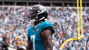Jacksonville Jaguars wide receiver Brian Thomas Jr. (7) celebrates his touchdown during the second quarter of an NFL football game between the Carolina Panthers at Jacksonville Jaguars at EverBank Stadium Sunday September 7, 2025. [Doug Engle/Florida Times-Union]