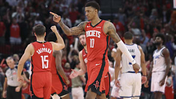 Nov 16, 2025; Houston, Texas, USA; Houston Rockets forward Jabari Smith Jr. (10) points towards the bench after a play during the fourth quarter against the Orlando Magic at Toyota Center. Mandatory Credit: Troy Taormina-Imagn Images