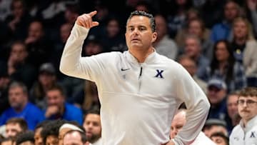 Xavier Musketeers head coach Sean Miller shouts to his offense in the first half of the NCAA Big East Conference basketball game between the Xavier Musketeers and the Georgetown Hoyas at the Cintas Center in Cincinnati on Tuesday, Feb. 4, 2025. Xavier led 30-26 at halftime.