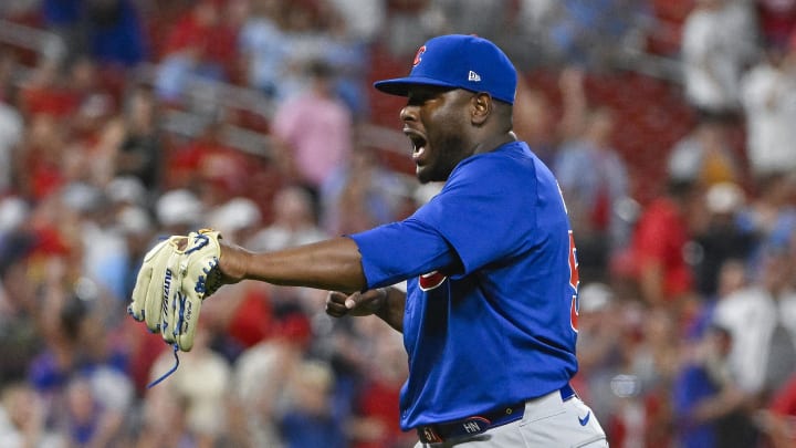 Chicago Cubs relief pitcher Hector Neris (51) reacts after the Cubs defeated the St. Louis Cardinals at Busch Stadium on July 12.