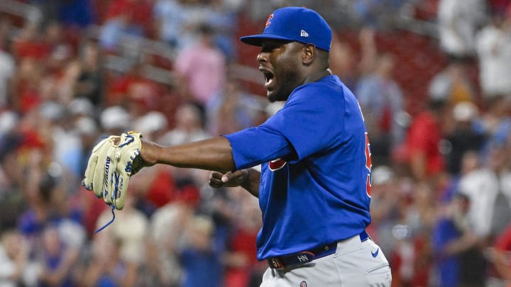 Jul 12, 2024; St. Louis, Missouri, USA;  Chicago Cubs relief pitcher Hector Neris (51) reacts after the Cubs defeated the St. Louis Cardinals at Busch Stadium. 