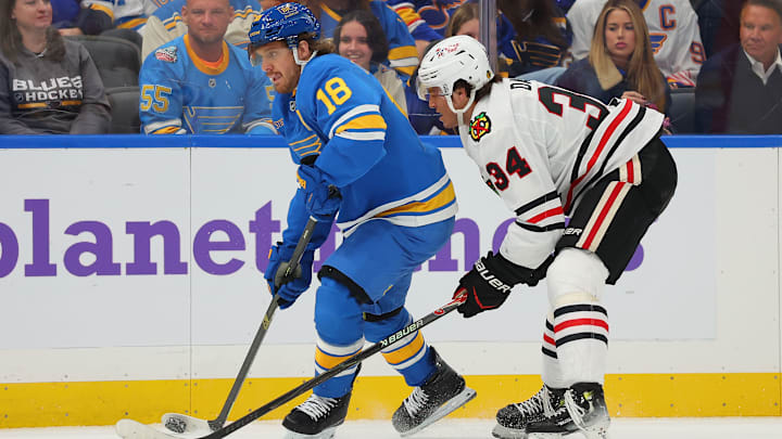 St. Louis Blues forward Robert Thomas handling the puck