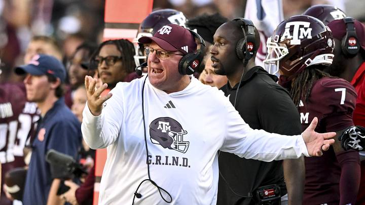 Sep 27, 2025; College Station, Texas, USA; Texas A&M Aggies head coach Mike Elko reacts during the third quarter against the Auburn Tigers at Kyle Field. Mandatory Credit: Maria Lysaker-Imagn Images 