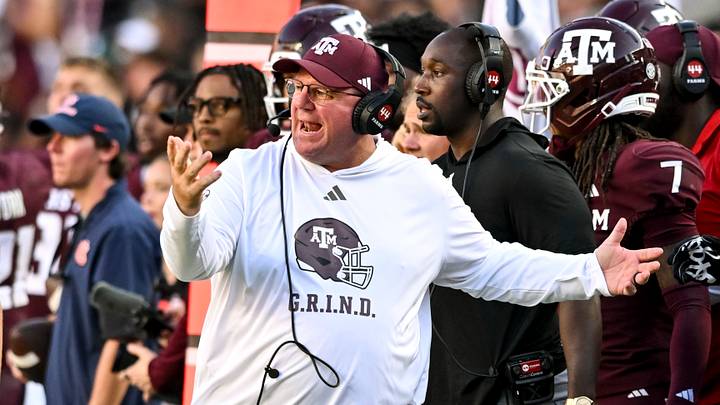 Sep 27, 2025; College Station, Texas, USA; Texas A&M Aggies head coach Mike Elko reacts during the third quarter against the Auburn Tigers at Kyle Field. Mandatory Credit: Maria Lysaker-Imagn Images