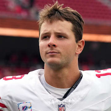 Sep 28, 2025; Santa Clara, California, USA; San Francisco 49ers quarterback Brock Purdy (13) after the game against the Jacksonville Jaguars at Levi's Stadium. Mandatory Credit: Darren Yamashita-Imagn Images