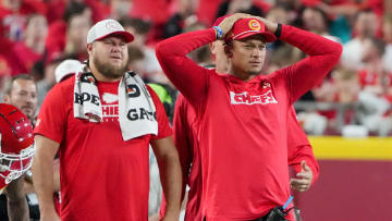 Aug 22, 2024; Kansas City, Missouri, USA; Kansas City Chiefs center Creed Humphrey (52) and quarterback Patrick Mahomes (15) react to play on the sidelines against the Chicago Bears during the game at GEHA Field at Arrowhead Stadium. Mandatory Credit: Denny Medley-USA TODAY Sports