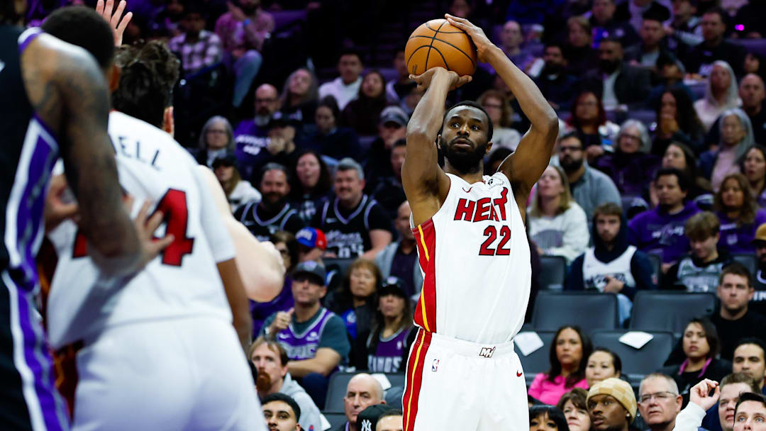 Jan 20, 2026; Sacramento, California, USA; Miami Heat forward Andrew Wiggins (22) scores against the Sacramento Kings during the second quarter at Golden 1 Center. Mandatory Credit: Sergio Estrada-Imagn Images Jan 20, 2026; Sacramento, California, USA; Miami Heat forward Andrew Wiggins (22) scores against the Sacramento Kings during the second quarter at Golden 1 Center. Mandatory Credit: Sergio Estrada-Imagn Images