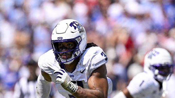 Sep 20, 2025; Fort Worth, Texas, USA; TCU Horned Frogs linebacker Kaleb Elarms-Orr (3) rushes the line during the game between the TCU Horned Frogs and the SMU Mustangs at Amon G. Carter Stadium. Mandatory Credit: Jerome Miron-Imagn Images
