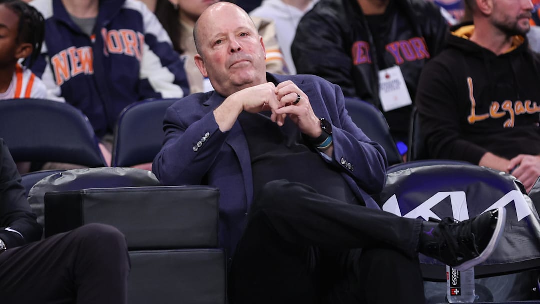 Nov 9, 2025; New York, New York, USA;  New York Knicks President Leon Rose sits courtside during pregame warmups prior to the game against the Brooklyn Nets at Madison Square Garden.