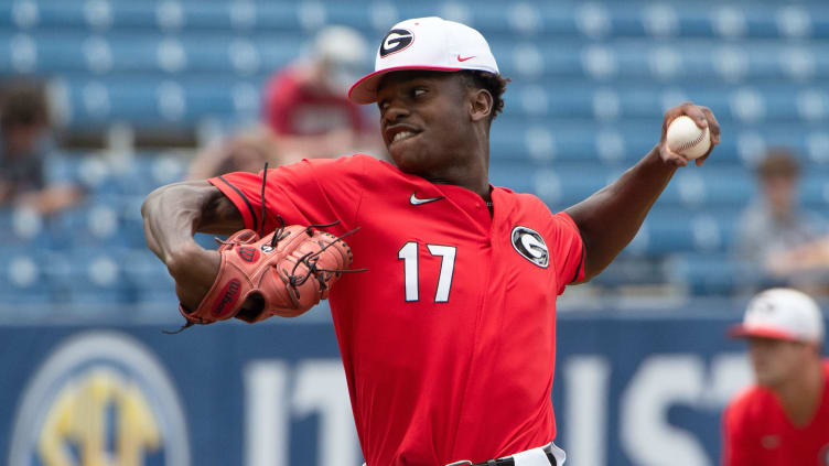 May 24, 2022; Hoover, AL, USA; Jaden Woods pitches for the Bulldogs as Alabama faced Georgia in game one of the SEC Tournament at Hoover Met. Mandatory Credit: Gary Cosby Jr.-The Tuscaloosa News

Ncaa Baseball Sec Baseball Tournament Alabama Crimson Tide At Georgia Bulldogs