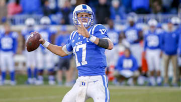 Nov 10, 2018; Durham, NC, USA; Duke Blue Devils quarterback Daniel Jones passes the football in the second half against the North Carolina Tar Heels at Wallace Wade Stadium.