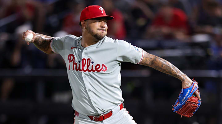 May 7, 2025; Tampa, Florida, USA; Philadelphia Phillies pitcher Taijuan Walker (99) throws a pitch against the Tampa Bay Rays in the eighth inning at George M. Steinbrenner Field. 