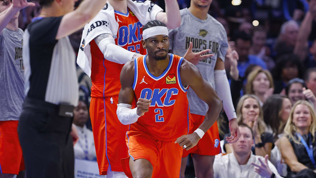 Nov 11, 2025; Oklahoma City, Oklahoma, USA; Oklahoma City Thunder guard Shai Gilgeous-Alexander (2) reacts after scoring against the Golden State Warriors during the second half at Paycom Center. Mandatory Credit: Alonzo Adams-Imagn Images