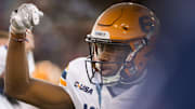 UTEP’s Kenny Odom (6) celebrates during the Battle of I-10 rivalry football game against NMSU at Aggie Memorial Stadium in Las Cruces, NM, on Saturday, Nov. 30, 2024.