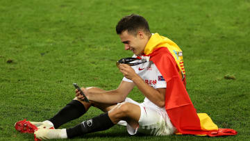 Seville v FC Internazionale - UEFA Europa League Final 0 - Reguilon celebrates after winning the 2020 Europa League with Sevilla 