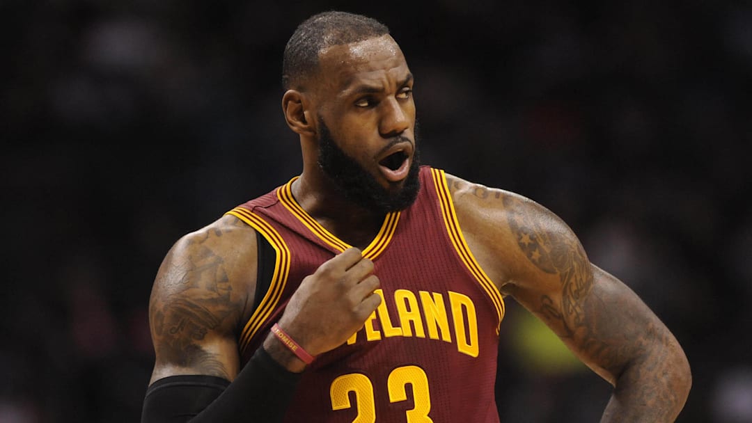 Dec 31, 2016; Charlotte, NC, USA; Cleveland Cavaliers forward LeBron James (23) reacts to a foul called against his team during the first half of the game against the Charlotte Hornets at the Spectrum Center. Mandatory Credit: Sam Sharpe-Imagn Images