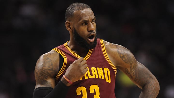 Dec 31, 2016; Charlotte, NC, USA; Cleveland Cavaliers forward LeBron James (23) reacts to a foul called against his team during the first half of the game against the Charlotte Hornets at the Spectrum Center. Mandatory Credit: Sam Sharpe-Imagn Images