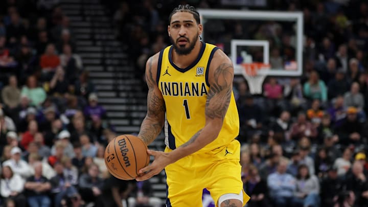 Feb 3, 2025; Salt Lake City, Utah, USA;  Indiana Pacers forward Obi Toppin (1) passes the ball during the second half against the Utah Jazz at Delta Center. Mandatory Credit: Chris Nicoll-Imagn Images