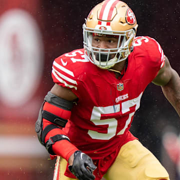 September 18, 2022; Santa Clara, California, USA; San Francisco 49ers linebacker Dre Greenlaw (57) during the third quarter against the Seattle Seahawks at Levi's Stadium. Mandatory Credit: Kyle Terada-Imagn Images