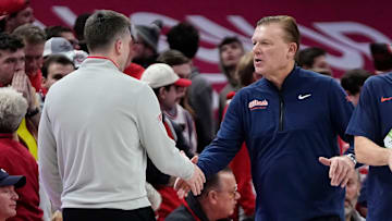 Illinois Fighting Illini head coach Brad Underwood and Ohio State Buckeyes head coach Jake Diebler shake hands following the NCAA men's basketball game in Columbus on Dec. 9, 2025. Ohio State lost 86-78.