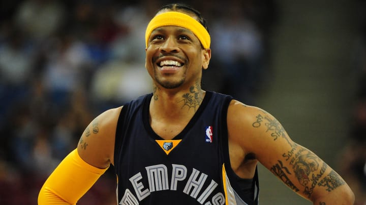 November 2, 2009; Sacramento, CA, USA; Memphis Grizzlies guard Allen Iverson (3) smiles during the first quarter against the Sacramento Kings at Arco Arena. Mandatory Credit: Kyle Terada-USA TODAY Sports