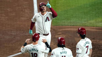 Jun 13, 2024; Phoenix, Arizona, USA; Arizona Diamondbacks designated hitter Joc Pederson (3) celebrates after hitting a grand slam home run against the Los Angeles Angels during the seventh inning at Chase Field. Mandatory Credit: Joe Camporeale-USA TODAY Sports