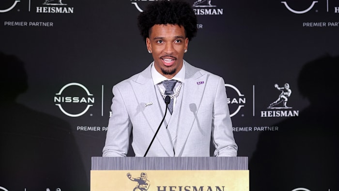 Dec 9, 2023; New York, New York, USA; LSU Tigers quarterback Jayden Daniels speaks to the media