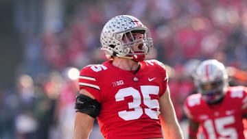 Nov 26, 2022; Columbus, Ohio, USA;  Ohio State Buckeyes linebacker Tommy Eichenberg (35) celebrates a tackle during the 