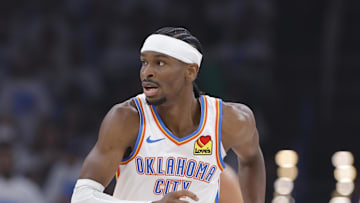 May 13, 2025; Oklahoma City, Oklahoma, USA; Oklahoma City Thunder guard Shai Gilgeous-Alexander (2) runs down the court for a play against the Denver Nuggets during the first quarter of game five of the second round for the 2025 NBA Playoffs at Paycom Center. Mandatory Credit: Alonzo Adams-Imagn Images