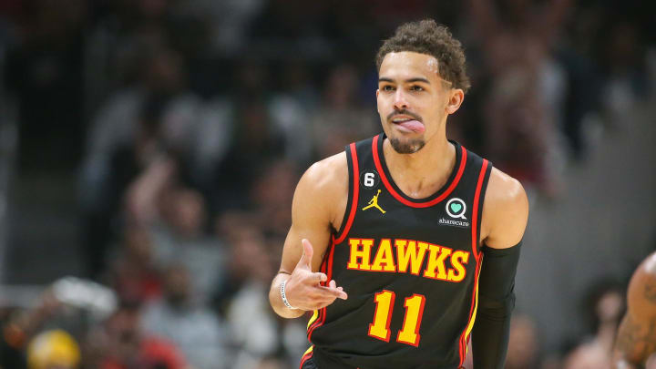 Apr 27, 2023; Atlanta, Georgia, USA; Atlanta Hawks guard Trae Young (11) reacts after a three-pointer against the Boston Celtics in the first quarter during game six of the 2023 NBA playoffs at State Farm Arena. Mandatory Credit: Brett Davis-USA TODAY Sports