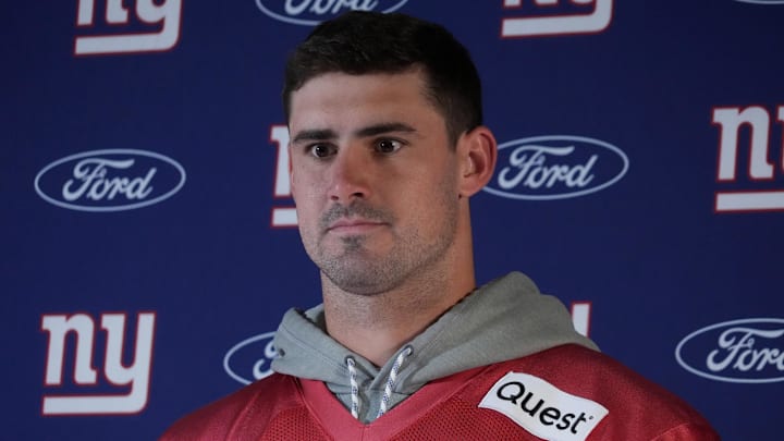 New York Giants quarterback Daniel Jones speaks to media before a game in Germany. New York Giants quarterback Daniel Jones speaks to media before a game in Germany.