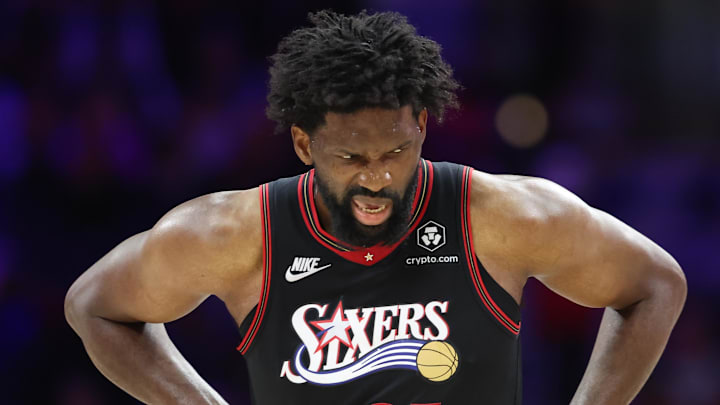 Philadelphia 76ers center Joel Embiid (21) reacts (Mandatory Credit: Bill Streicher-Imagn Images)