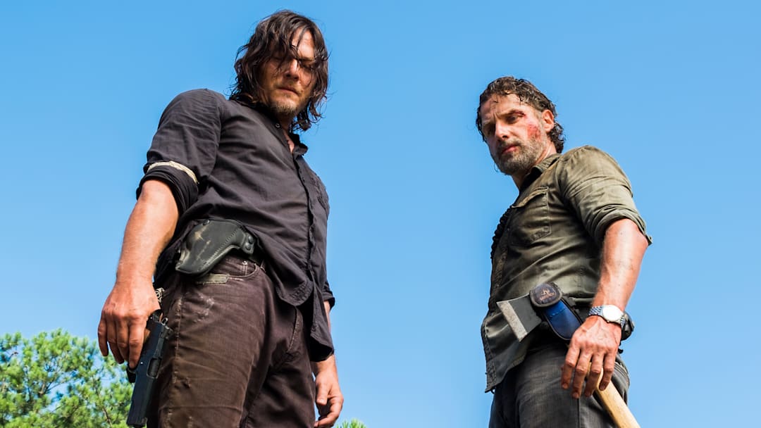 Charles Halford as Yago, Norman Reedus as Daryl Dixon, Andrew Lincoln as Rick Grimes - The Walking Dead _ Season 8, Episode 5 - Photo Credit: Gene Page/AMC