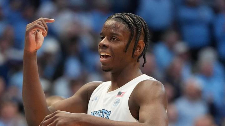 Feb 7, 2026; Chapel Hill, North Carolina, USA;  North Carolina Tar Heels forward Caleb Wilson (8) reacts in the first half at Dean E. Smith Center. Mandatory Credit: Bob Donnan-Imagn Images