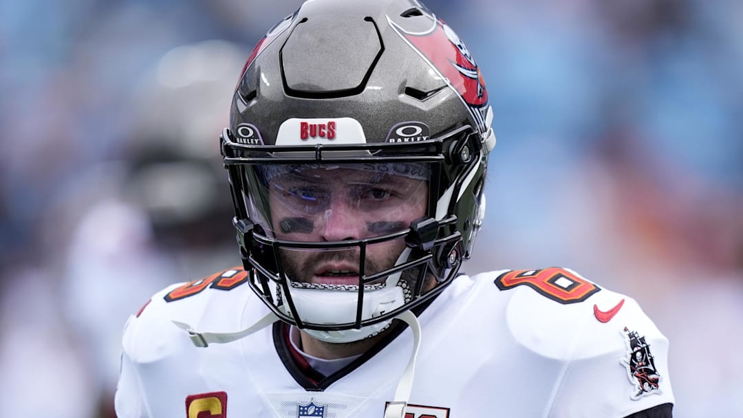 Dec 21, 2025; Charlotte, North Carolina, USA; Tampa Bay Buccaneers quarterback Baker Mayfield (6) warms up before a game against the Carolina Panthers at Bank of America Stadium. Mandatory Credit: Jim Dedmon-Imagn Images