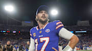 Buffalo Bills quarterback Josh Allen looks around the stadium after the game and their win against the Baltimore Ravens at Highmark Stadium in Orchard Park