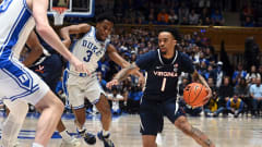 Dante Harris handles the ball during the Virginia men's basketball game against Duke at Cameron Indoor Stadium.