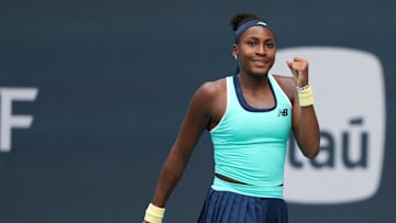 Coco Gauff celebrates after match point against Maria Sakkari on day five of the Miami Open.