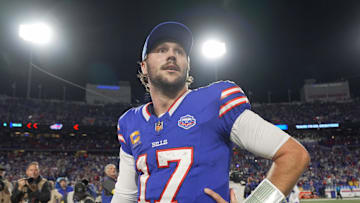 Buffalo Bills quarterback Josh Allen looks around the stadium after the game and their win against the Baltimore Ravens at Highmark Stadium in Orchard Park