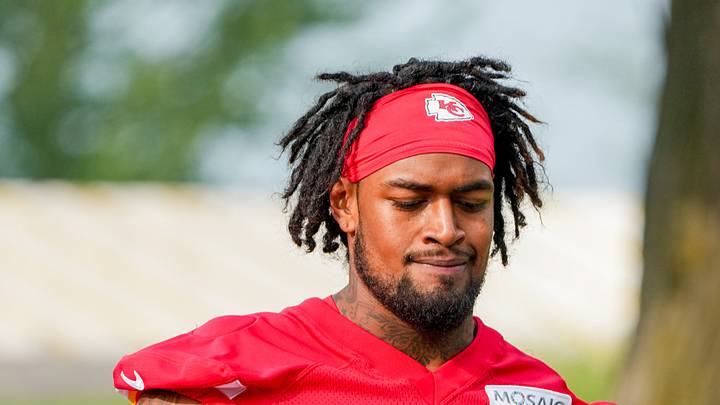 Jul 29, 2026; St. Joseph, MO, USA; Kansas City Chiefs   offensive tackle Josh Simmons (71) walks down the hill to the practice fields during training camp at Missouri Western State University. Mandatory Credit: Denny Medley-Imagn Images
